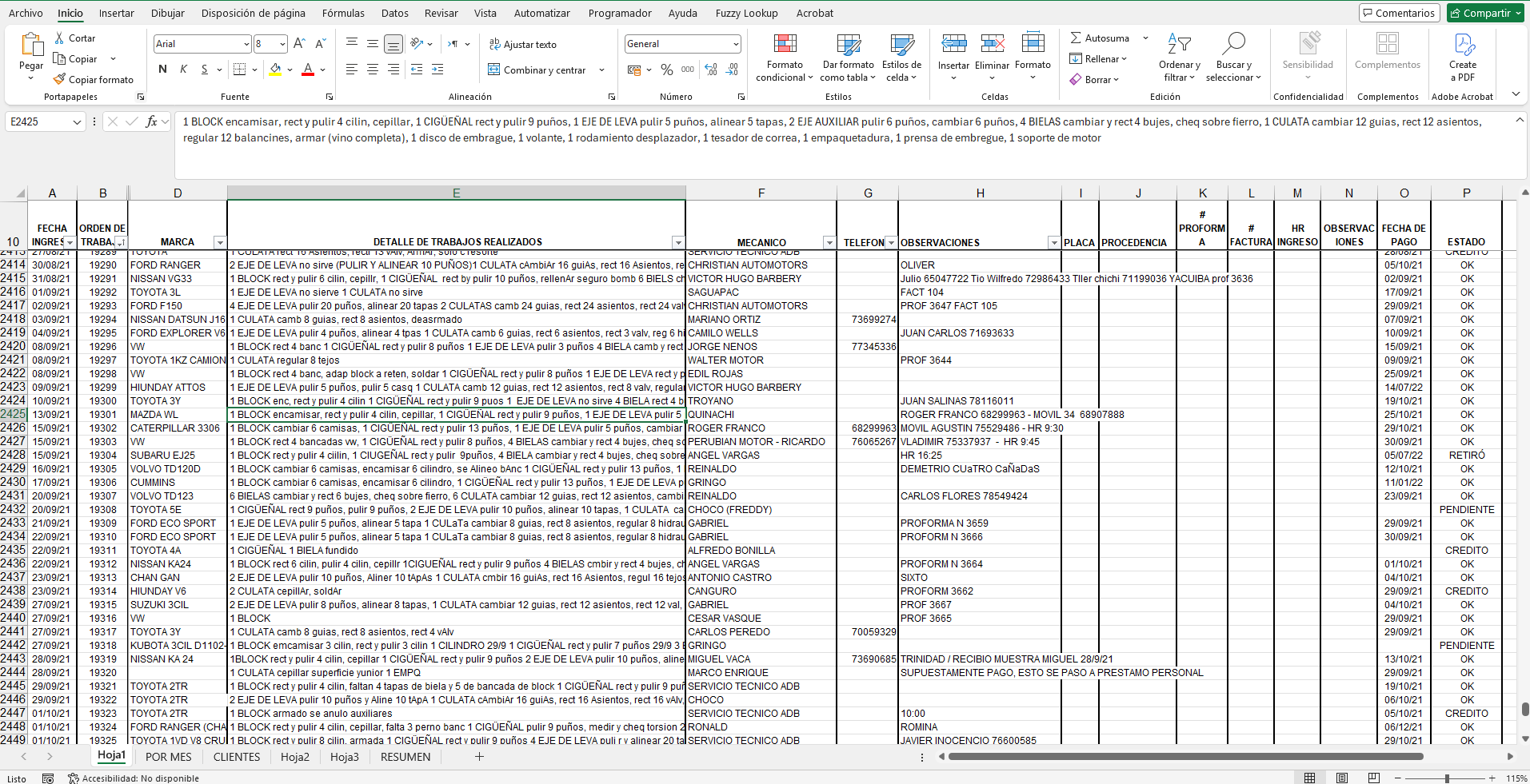 La orden de trabajo gestionada en una planilla de Excel